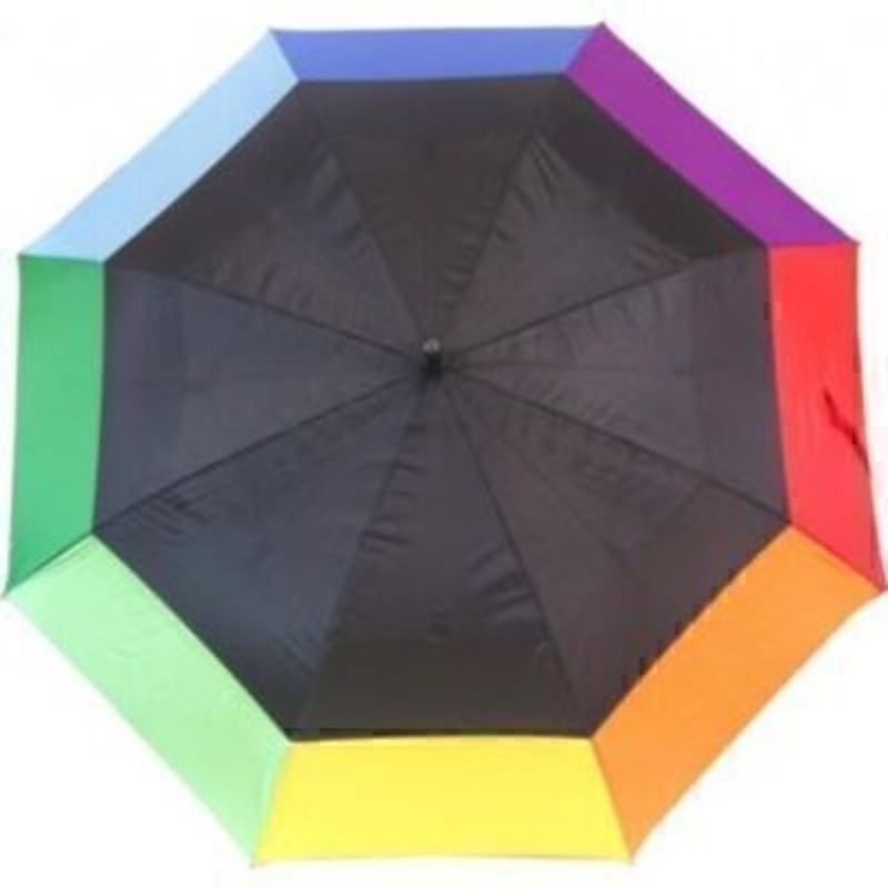 Everyday Giant Rainbow Golf Stick Umbrella by Blooming Brollies. A Gigantic vented automatic golfing umbrella featuring fibreglass ribs and an EVA soft feel handle with auto open button incorporated for ease of use. Upper panels are black with the tradi